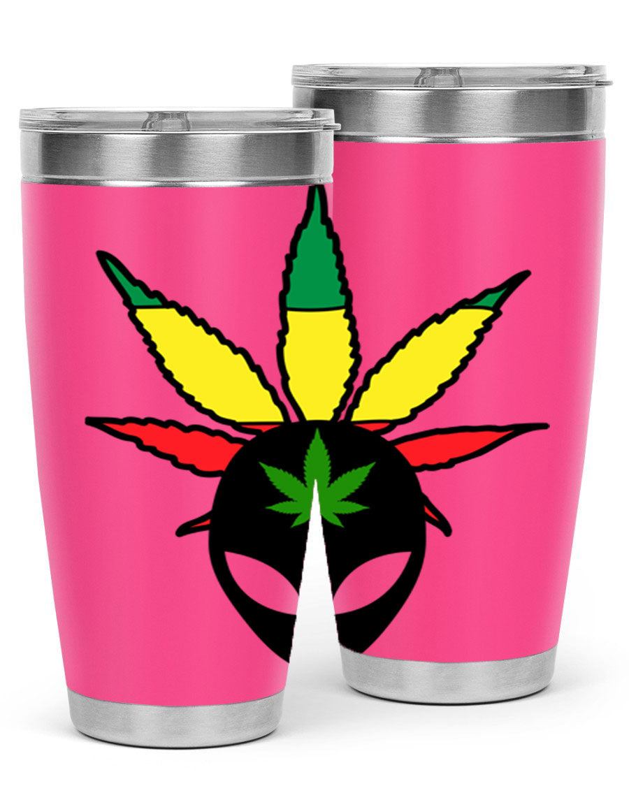 Alien Cannabis 10# Tumbler, a stylish 20oz double wall vacuum stainless steel drinkware with a copper lining and drink-thru lid.