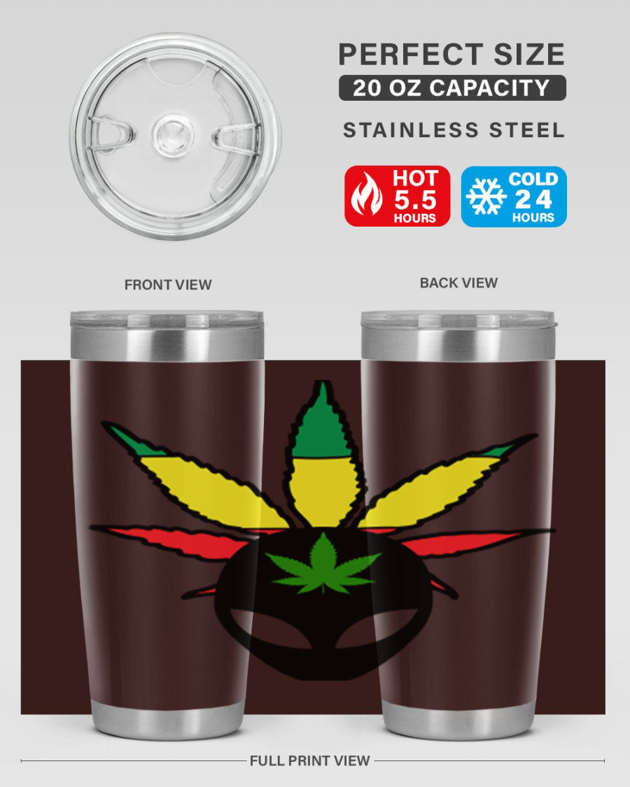 Alien Cannabis 10# Tumbler, a stylish 20oz double wall vacuum stainless steel drinkware with a copper lining and drink-thru lid.