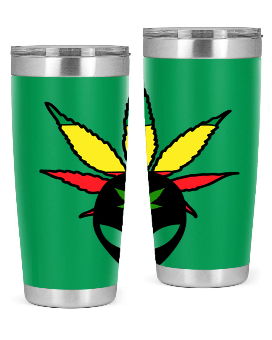 Alien Cannabis 10# Tumbler, a stylish 20oz double wall vacuum stainless steel drinkware with a copper lining and drink-thru lid.