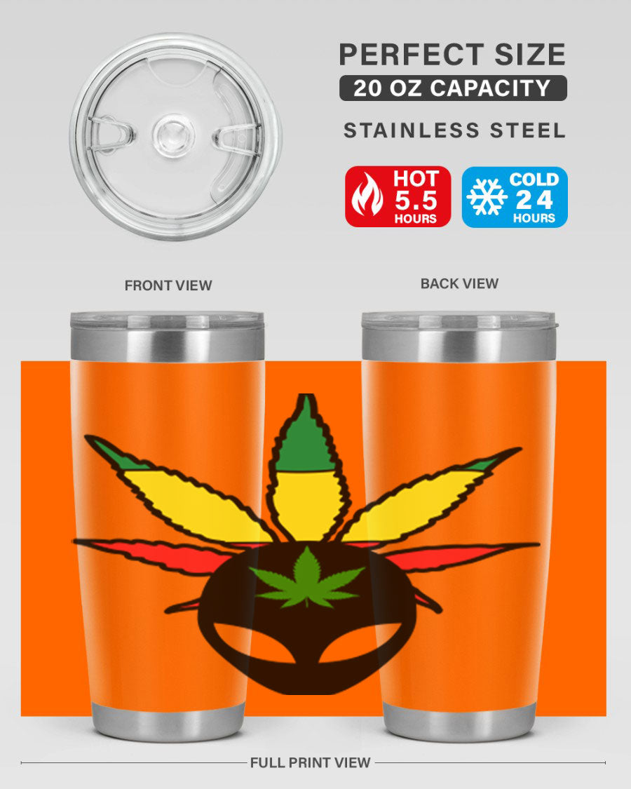 Alien Cannabis 10# Tumbler, a stylish 20oz double wall vacuum stainless steel drinkware with a copper lining and drink-thru lid.