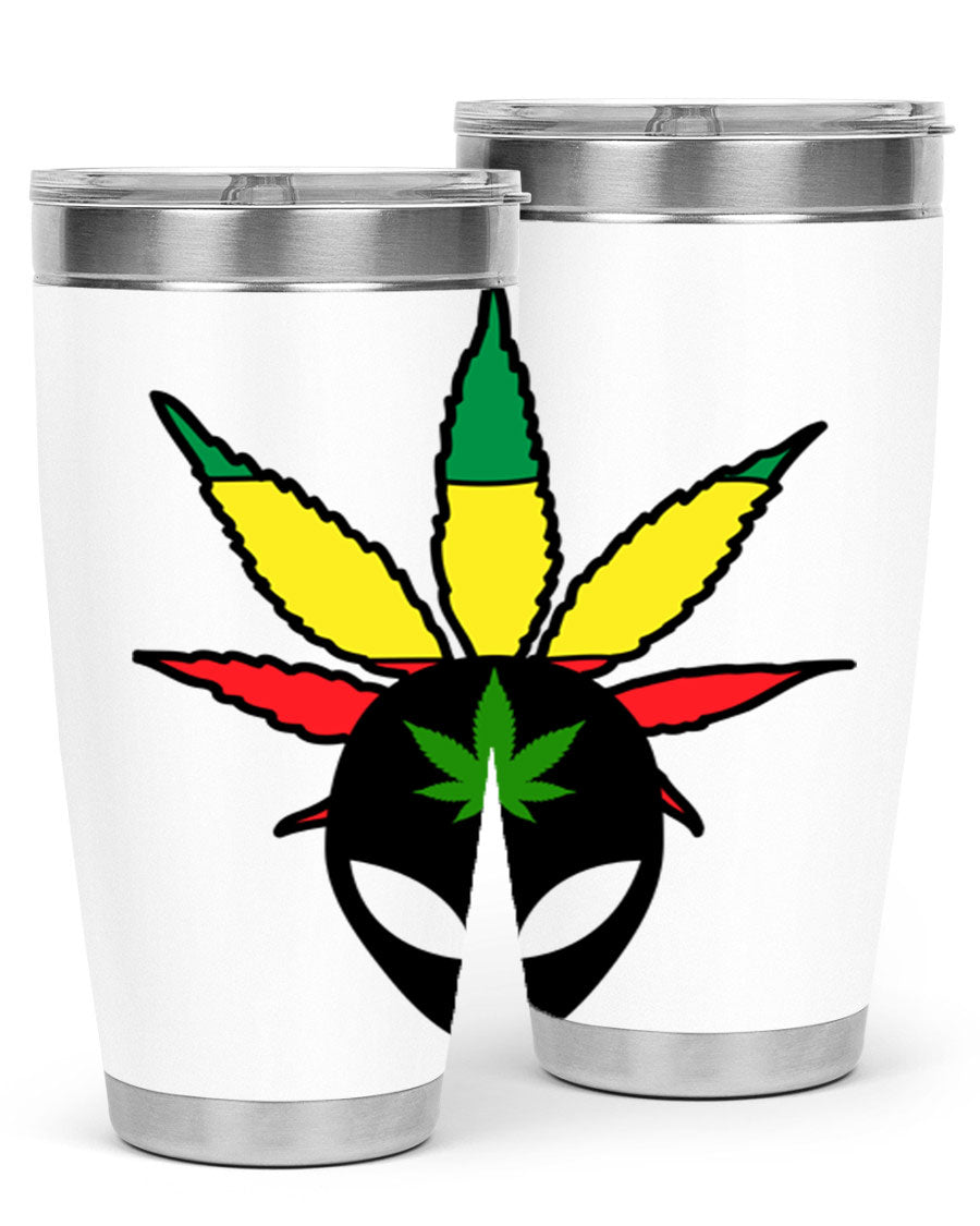 Alien Cannabis 10# Tumbler, a stylish 20oz double wall vacuum stainless steel drinkware with a copper lining and drink-thru lid.