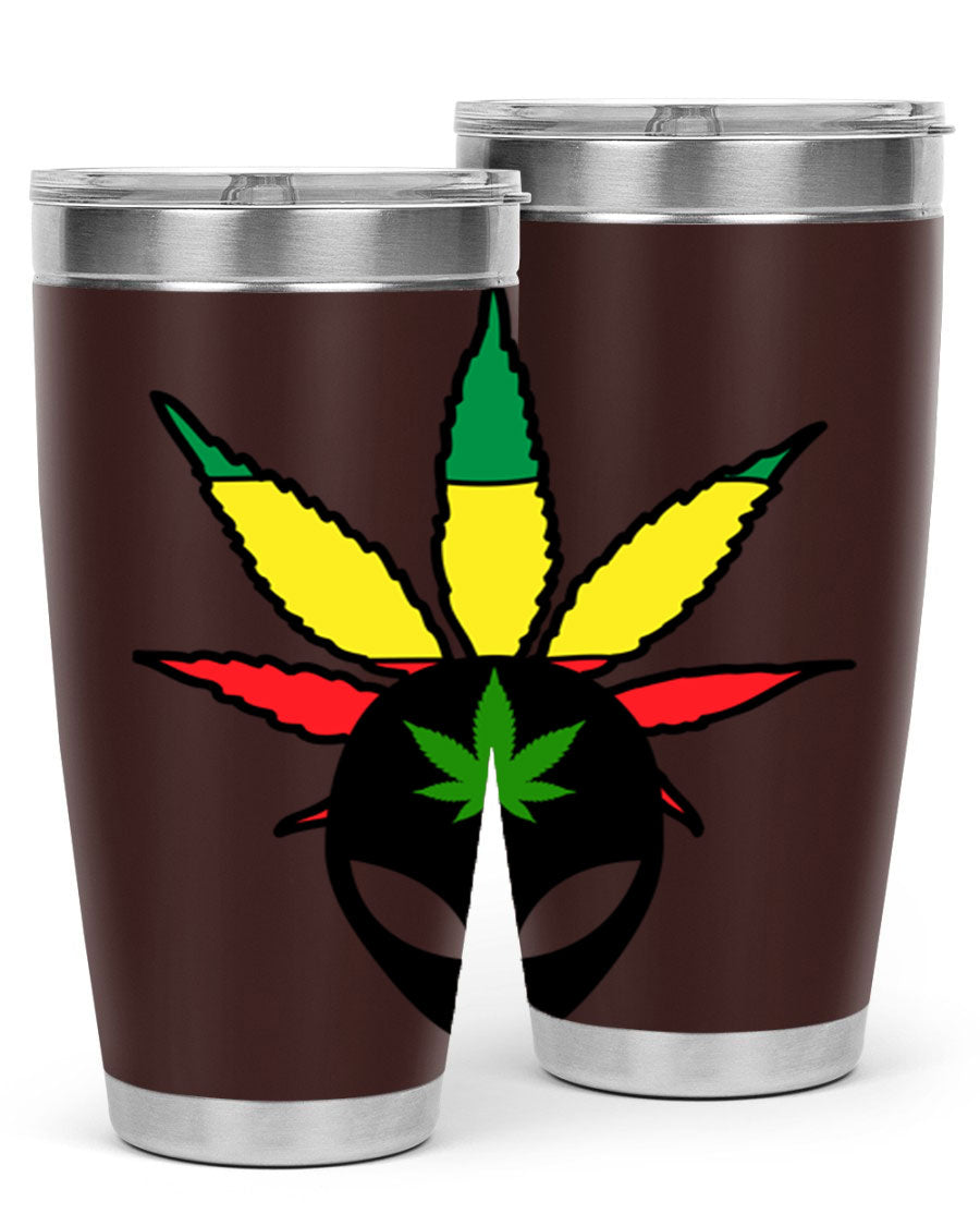 Alien Cannabis 10# Tumbler, a stylish 20oz double wall vacuum stainless steel drinkware with a copper lining and drink-thru lid.