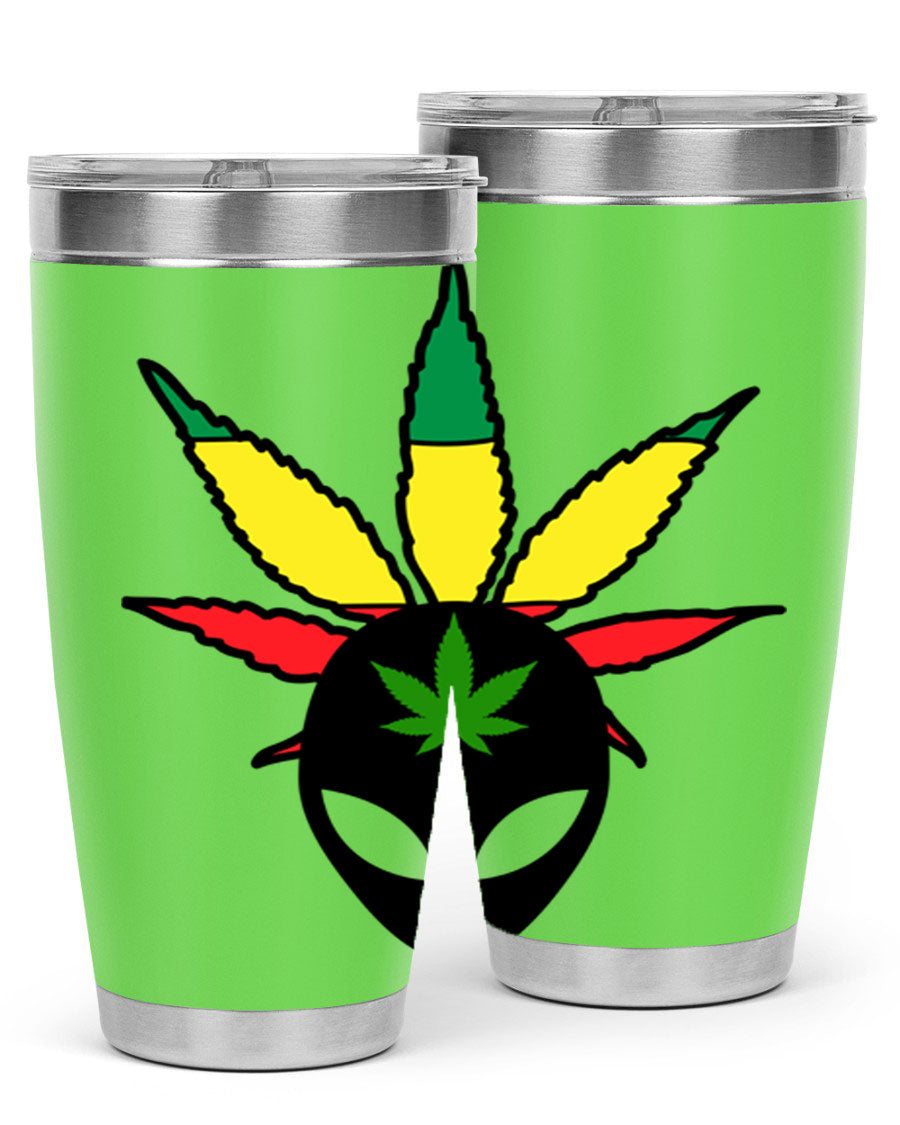 Alien Cannabis 10# Tumbler, a stylish 20oz double wall vacuum stainless steel drinkware with a copper lining and drink-thru lid.
