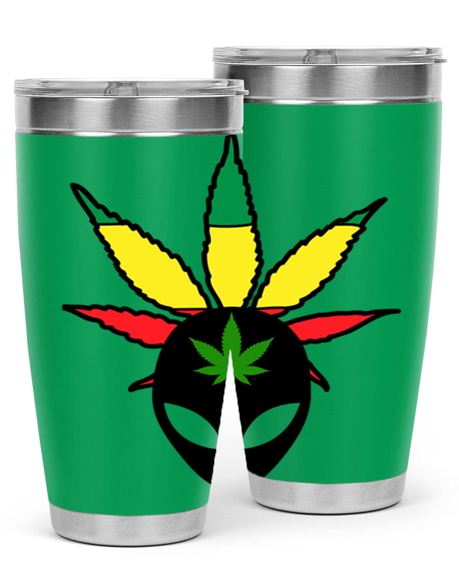 Alien Cannabis 10# Tumbler, a stylish 20oz double wall vacuum stainless steel drinkware with a copper lining and drink-thru lid.