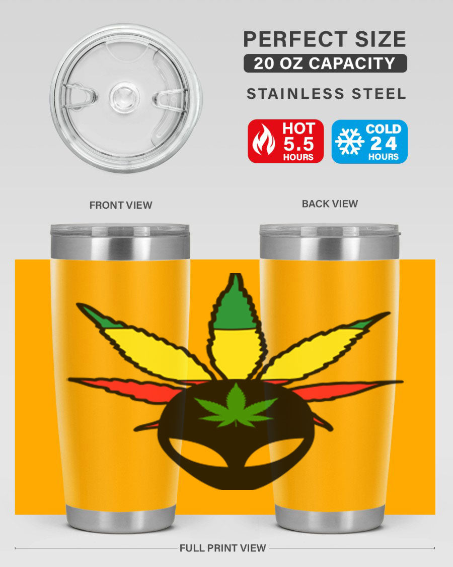 Alien Cannabis 10# Tumbler, a stylish 20oz double wall vacuum stainless steel drinkware with a copper lining and drink-thru lid.