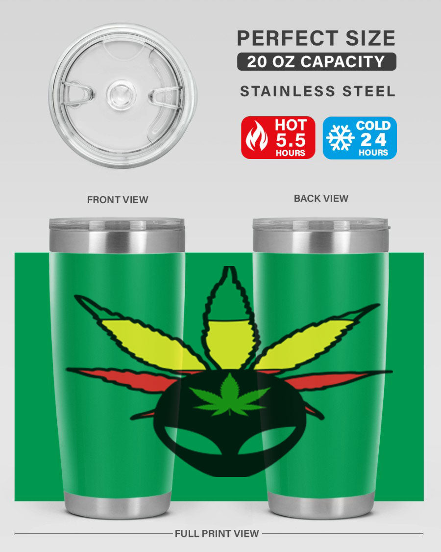 Alien Cannabis 10# Tumbler, a stylish 20oz double wall vacuum stainless steel drinkware with a copper lining and drink-thru lid.