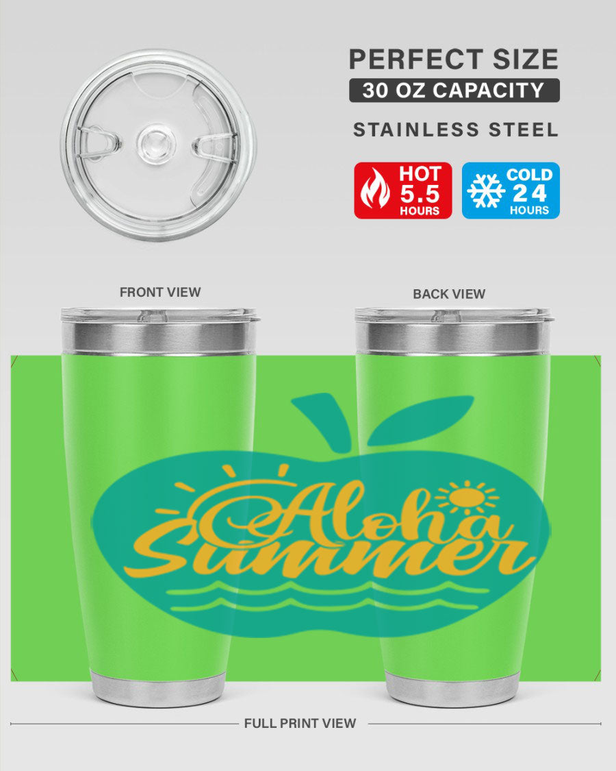 Aloha Summer Style 110# Tumbler in vibrant colors, showcasing its double wall stainless steel design and drink-thru lid.