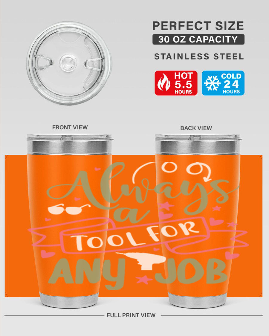 Always a Tool for Any Job 113# Tumbler in stainless steel with a drink-thru lid, showcasing its sleek design and double wall insulation.