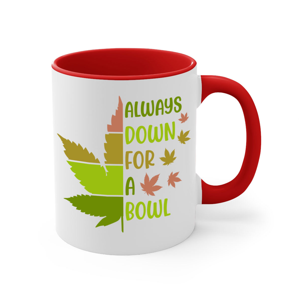 Always Down for a Bowl 13# Mug featuring a glossy finish, colored handle, and interior, available in five vibrant colors.