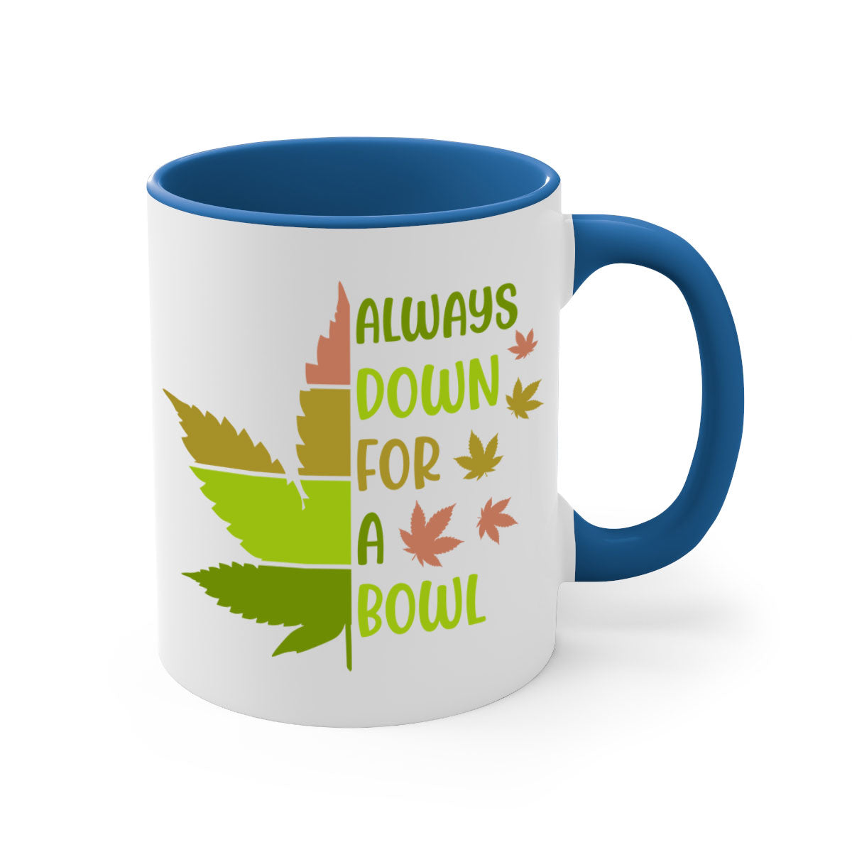 Always Down for a Bowl 13# Mug featuring a glossy finish, colored handle, and interior, available in five vibrant colors.