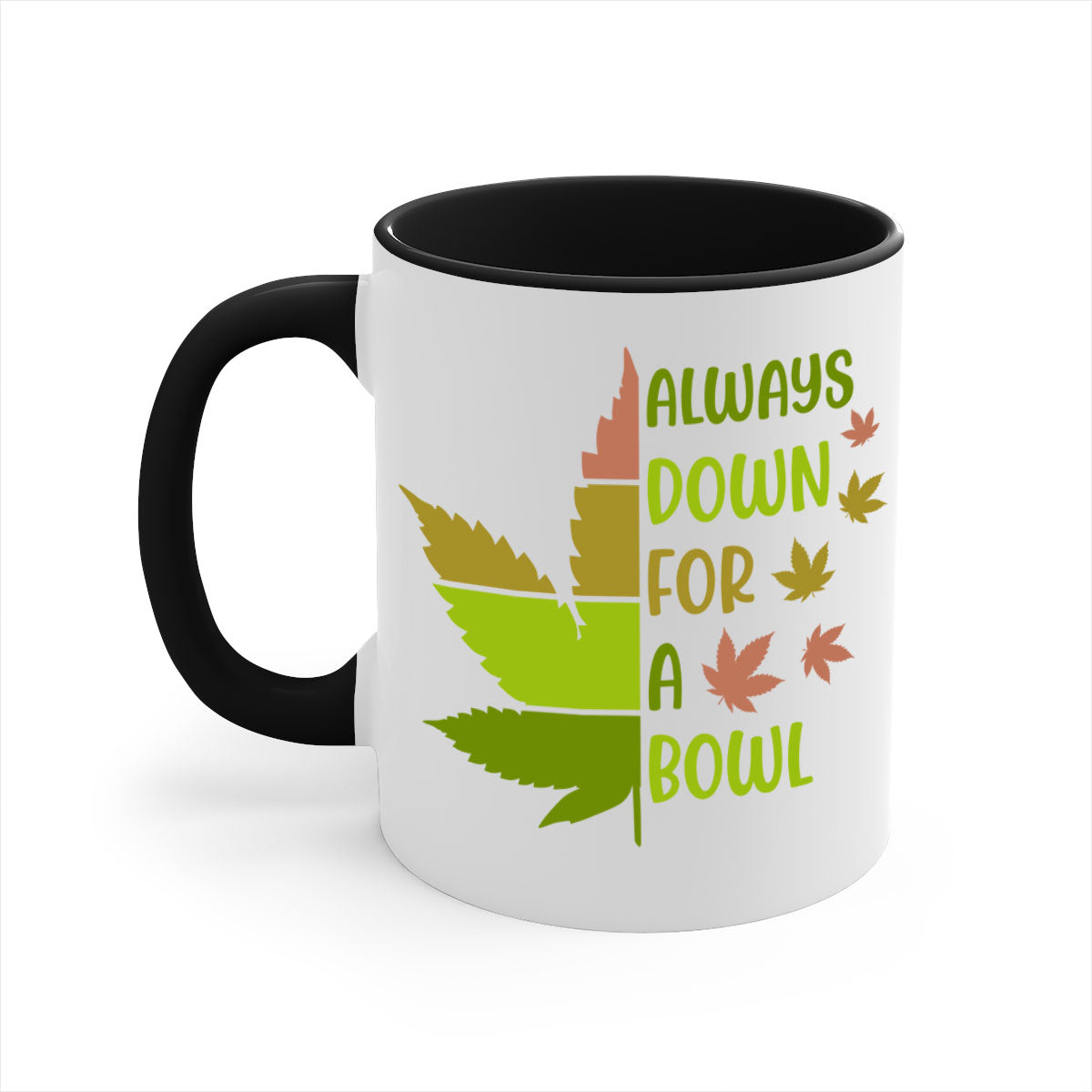 Always Down for a Bowl 13# Mug featuring a glossy finish, colored handle, and interior, available in five vibrant colors.