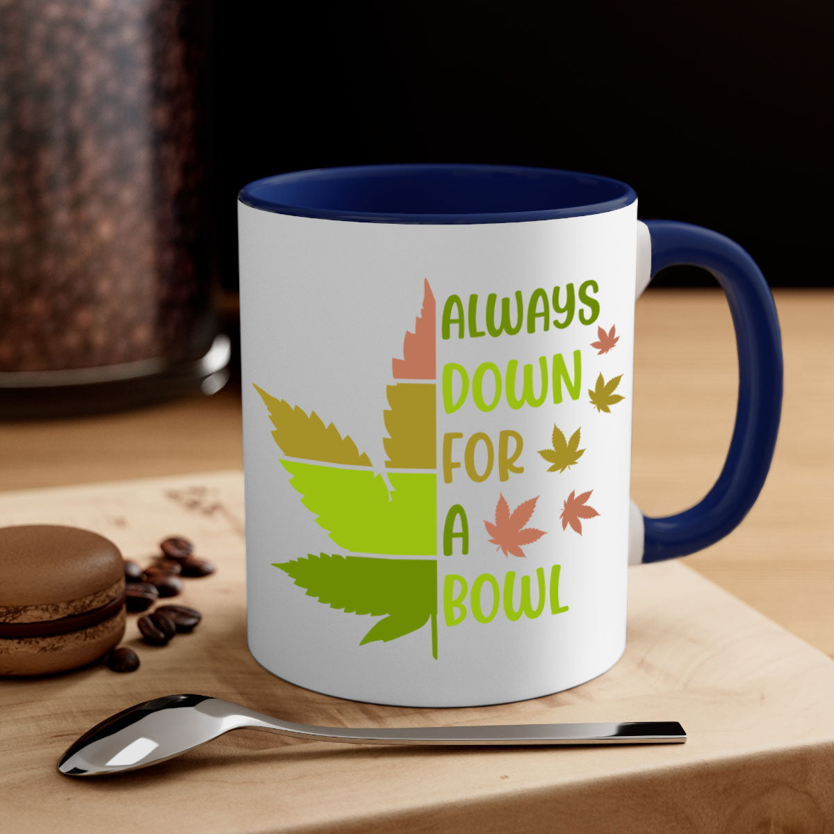 Always Down for a Bowl 13# Mug featuring a glossy finish, colored handle, and interior, available in five vibrant colors.