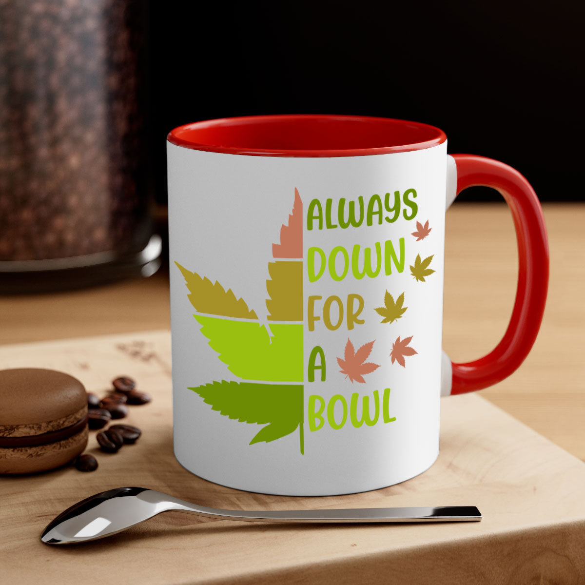 Always Down for a Bowl 13# Mug featuring a glossy finish, colored handle, and interior, available in five vibrant colors.