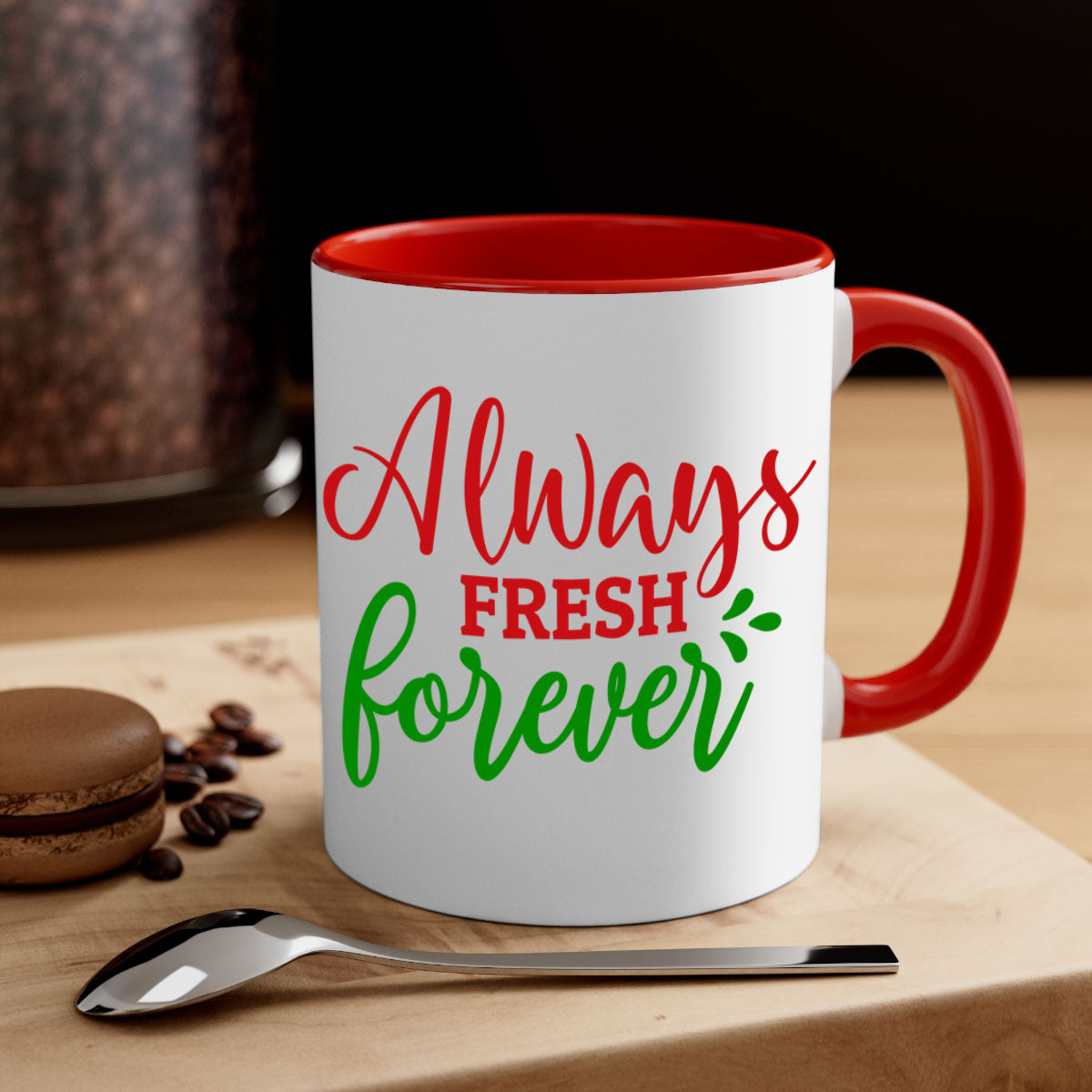 Always Fresh Forever Mug in five color options with glossy finish and easy-grip handle.