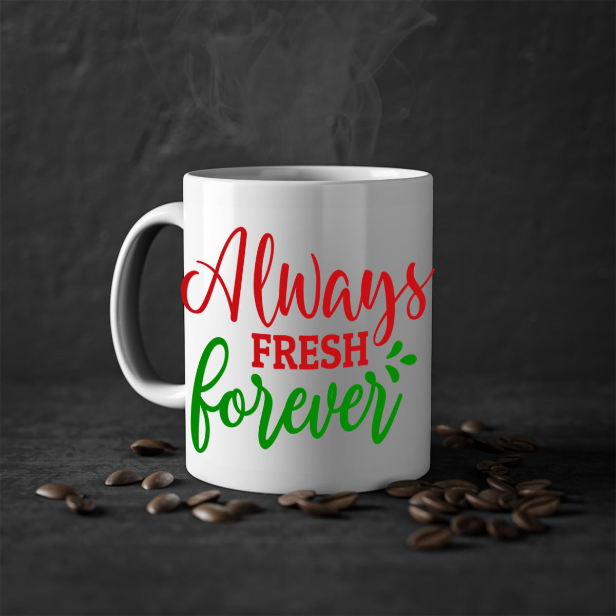 Always Fresh Forever Mug in five color options with glossy finish and easy-grip handle.