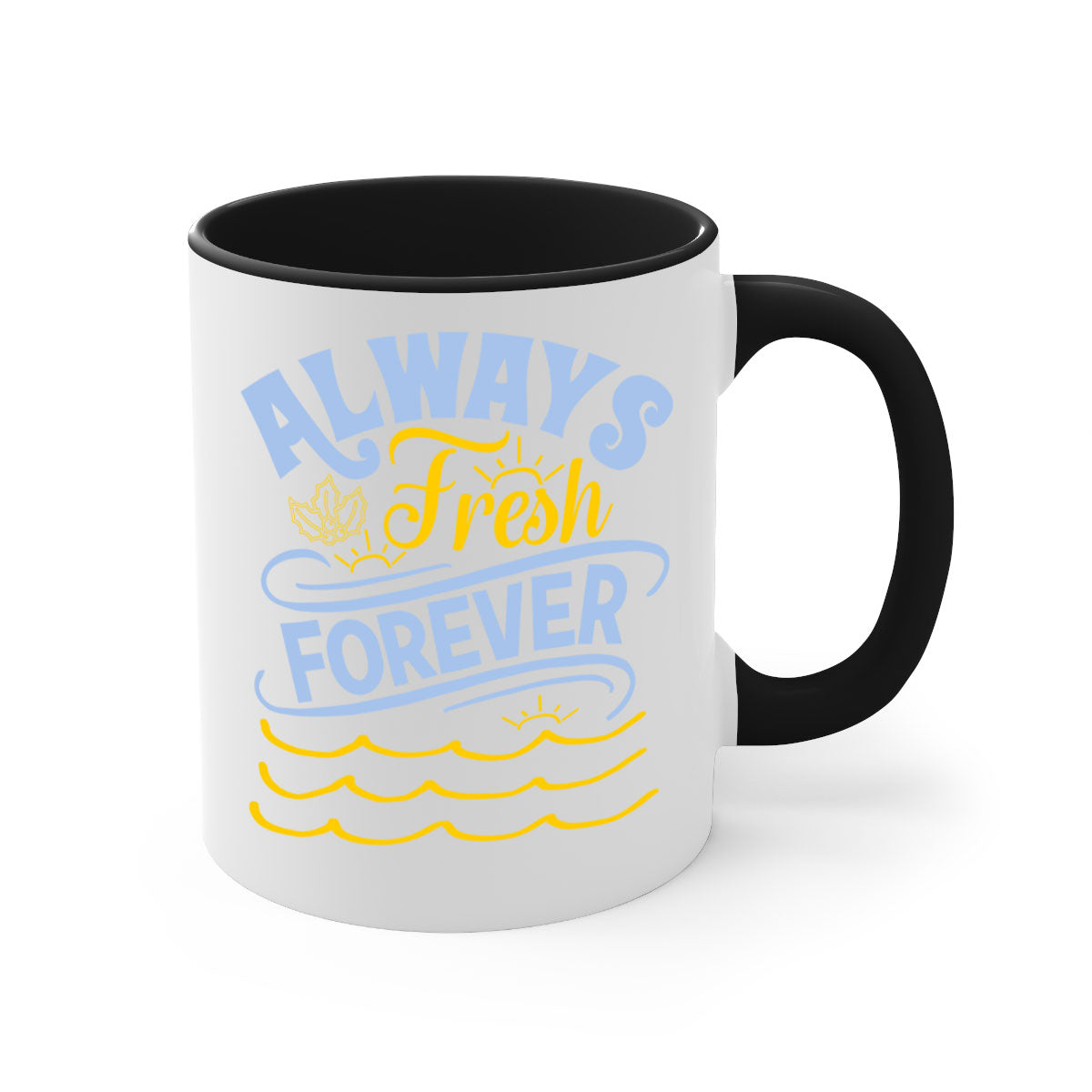 Always Fresh Forever15# Mug in five vibrant colors with a glossy finish and C-shaped handle, perfect for coffee and tea.