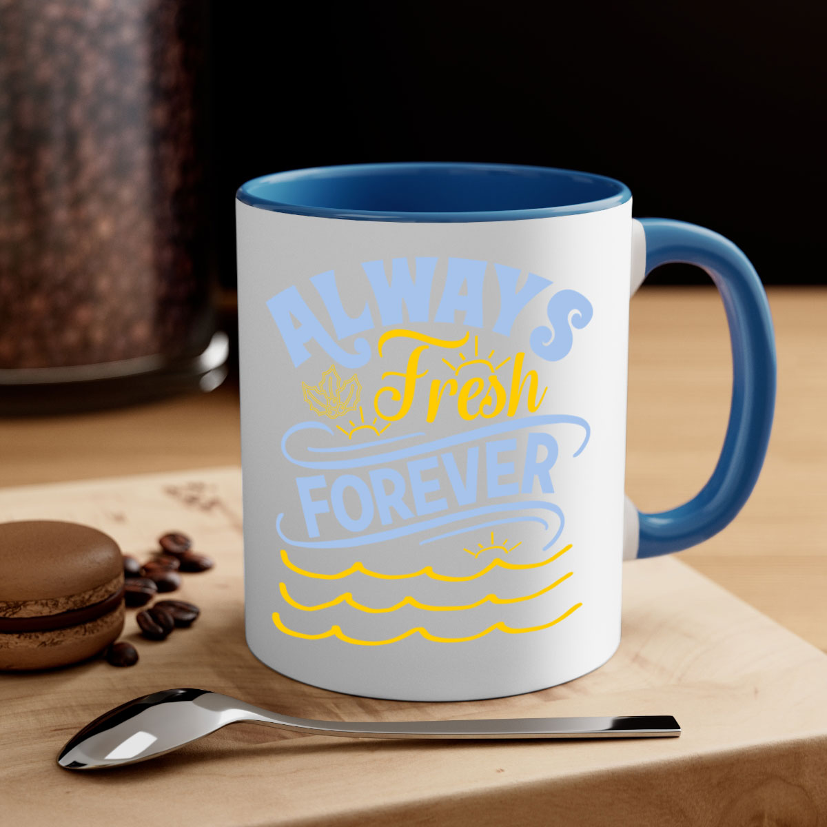 Always Fresh Forever15# Mug in five vibrant colors with a glossy finish and C-shaped handle, perfect for coffee and tea.
