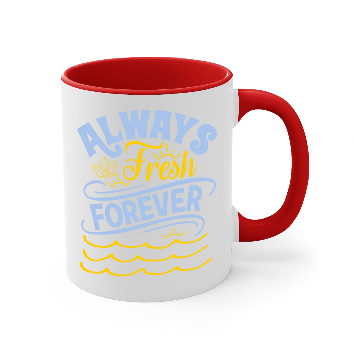 Always Fresh Forever15# Mug in five vibrant colors with a glossy finish and C-shaped handle, perfect for coffee and tea.
