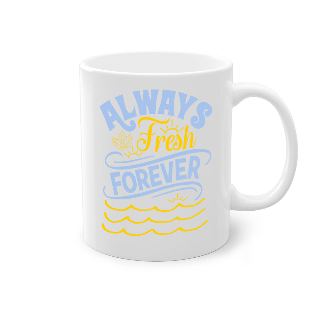 Always Fresh Forever15# Mug in five vibrant colors with a glossy finish and C-shaped handle, perfect for coffee and tea.