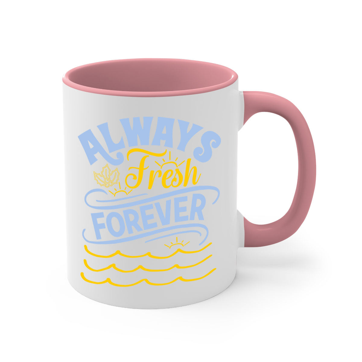 Always Fresh Forever15# Mug in five vibrant colors with a glossy finish and C-shaped handle, perfect for coffee and tea.