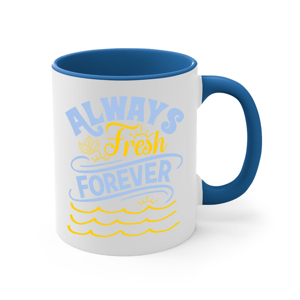 Always Fresh Forever15# Mug in five vibrant colors with a glossy finish and C-shaped handle, perfect for coffee and tea.