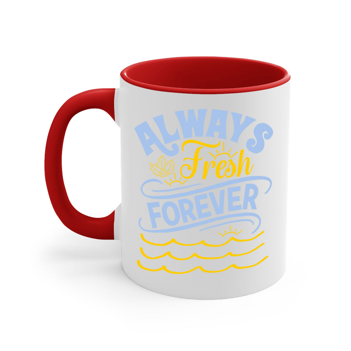 Always Fresh Forever15# Mug in five vibrant colors with a glossy finish and C-shaped handle, perfect for coffee and tea.
