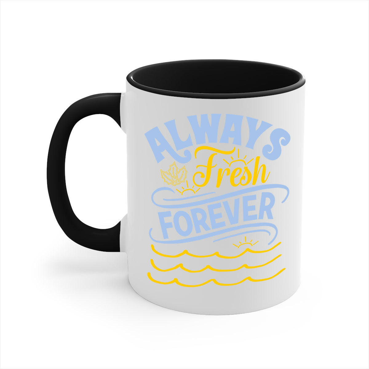 Always Fresh Forever15# Mug in five vibrant colors with a glossy finish and C-shaped handle, perfect for coffee and tea.
