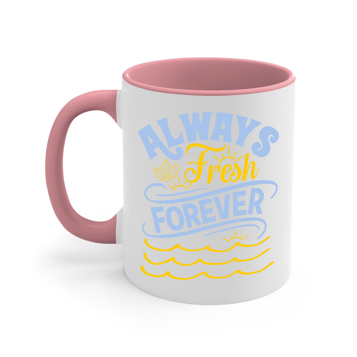 Always Fresh Forever15# Mug in five vibrant colors with a glossy finish and C-shaped handle, perfect for coffee and tea.