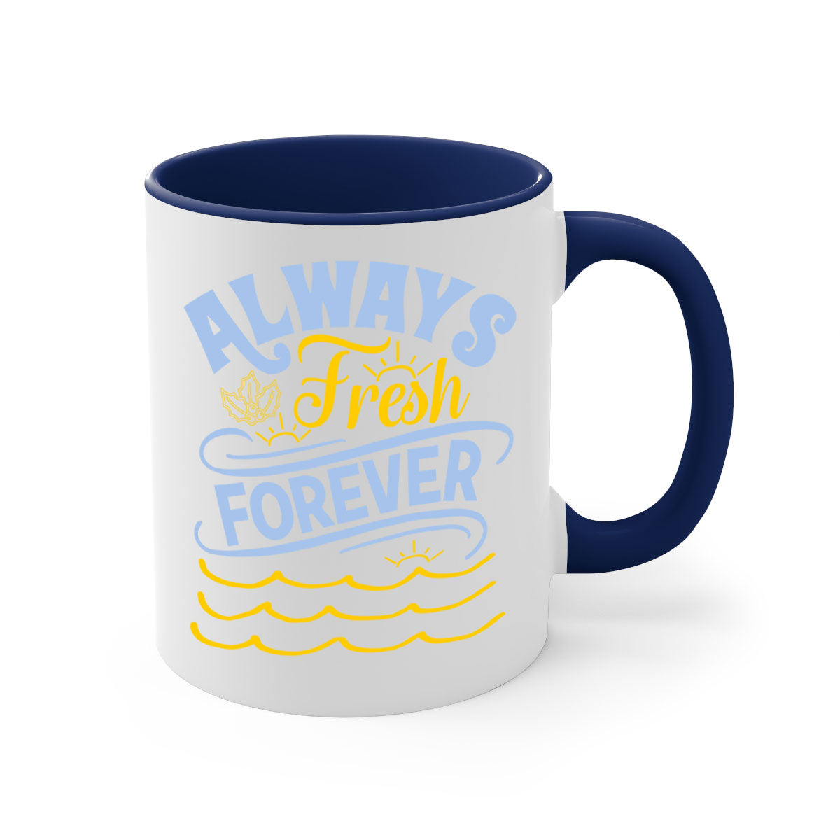 Always Fresh Forever15# Mug in five vibrant colors with a glossy finish and C-shaped handle, perfect for coffee and tea.