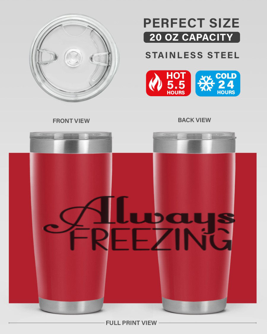 Always Freezing 7# winter tumbler in stainless steel with a drink-thru lid, showcasing its sleek design and double wall insulation.