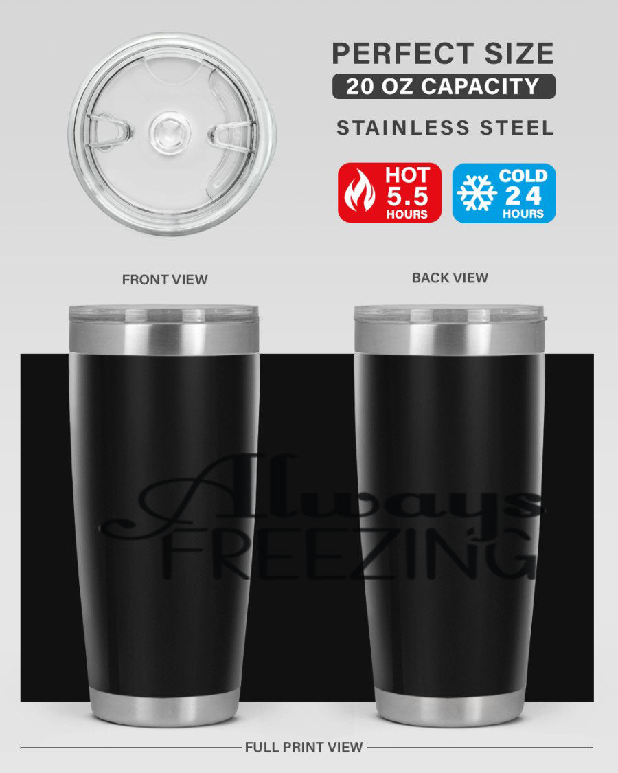 Always Freezing 7# winter tumbler in stainless steel with a drink-thru lid, showcasing its sleek design and double wall insulation.