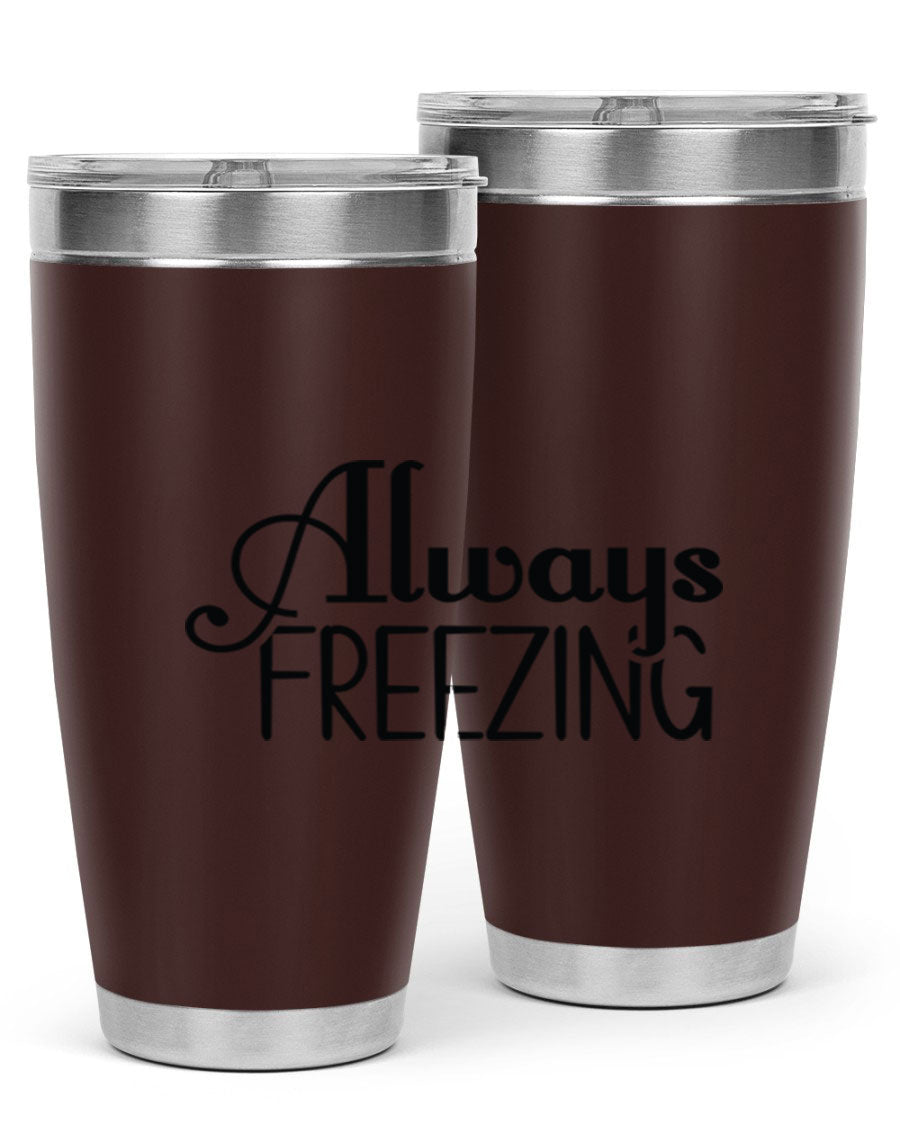 Always Freezing 7# winter tumbler in stainless steel with a drink-thru lid, showcasing its sleek design and double wall insulation.