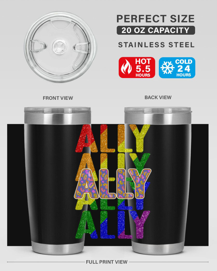 Ally LGBT Pride Rainbow Flag Tumbler showcasing vibrant colors and stainless steel design, perfect for hot and cold beverages.
