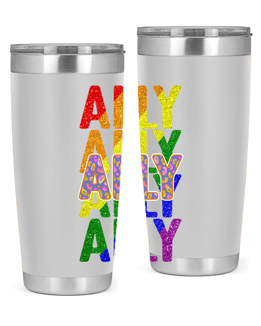 Ally LGBT Pride Rainbow Flag Tumbler showcasing vibrant colors and stainless steel design, perfect for hot and cold beverages.