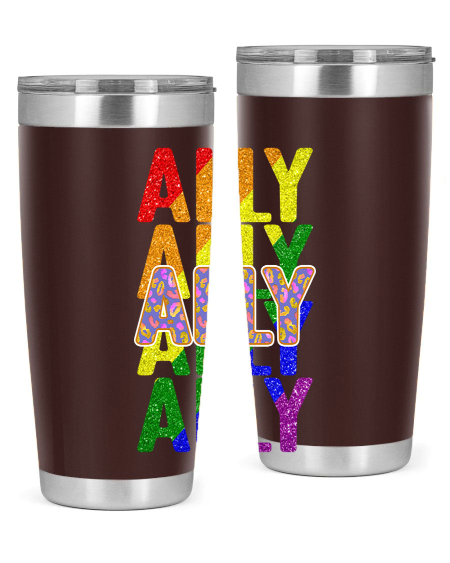 Ally LGBT Pride Rainbow Flag Tumbler showcasing vibrant colors and stainless steel design, perfect for hot and cold beverages.
