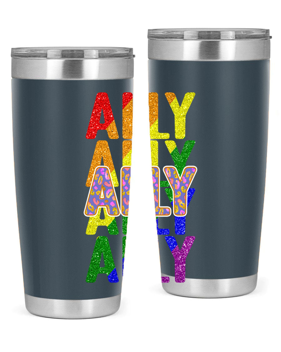 Ally LGBT Pride Rainbow Flag Tumbler showcasing vibrant colors and stainless steel design, perfect for hot and cold beverages.