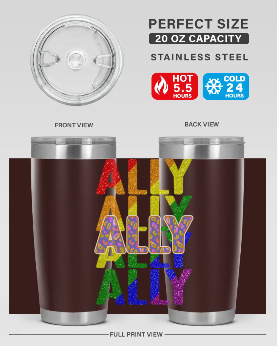 Ally LGBT Pride Rainbow Flag Tumbler showcasing vibrant colors and stainless steel design, perfect for hot and cold beverages.