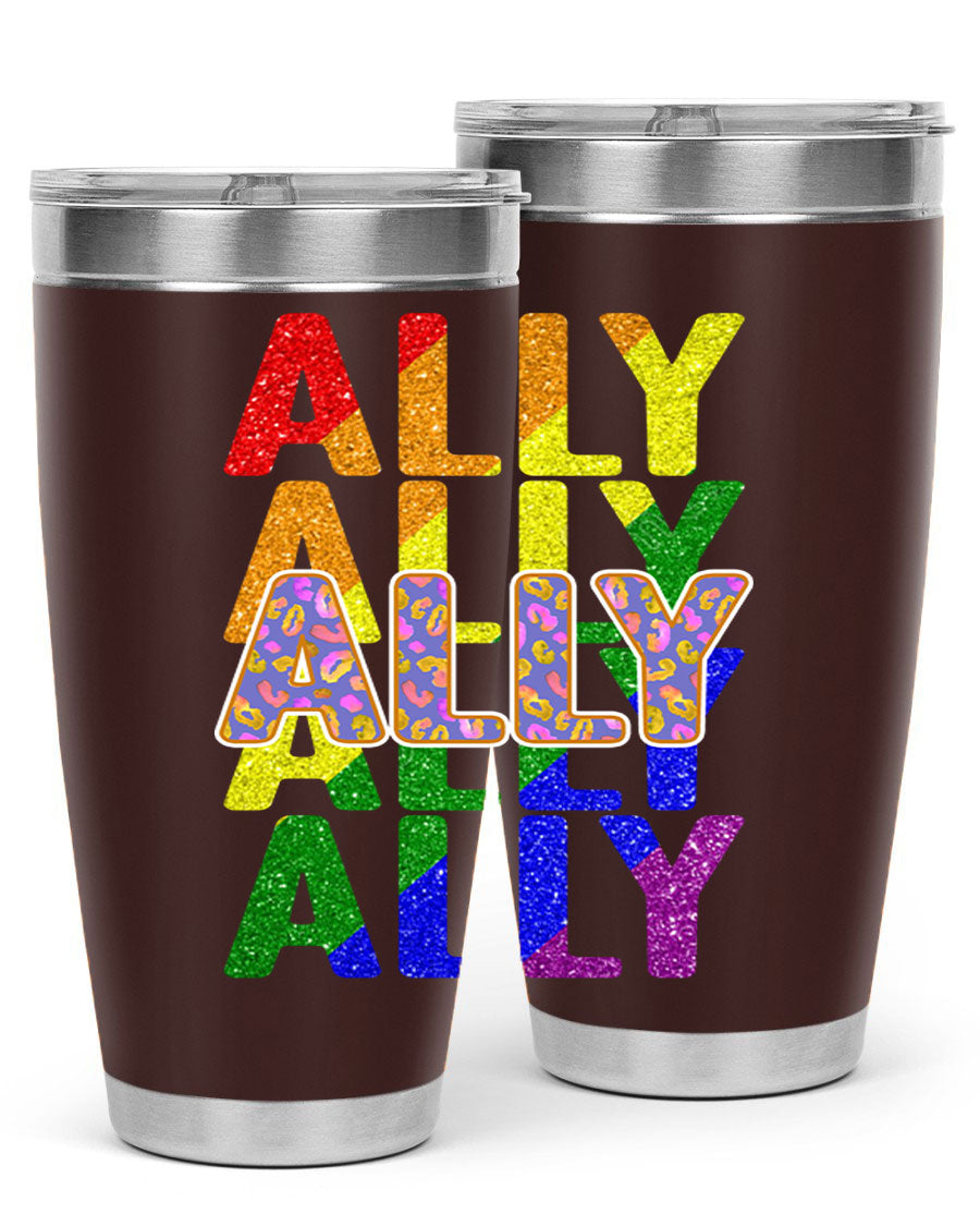 Ally LGBT Pride Rainbow Flag Tumbler showcasing vibrant colors and stainless steel design, perfect for hot and cold beverages.