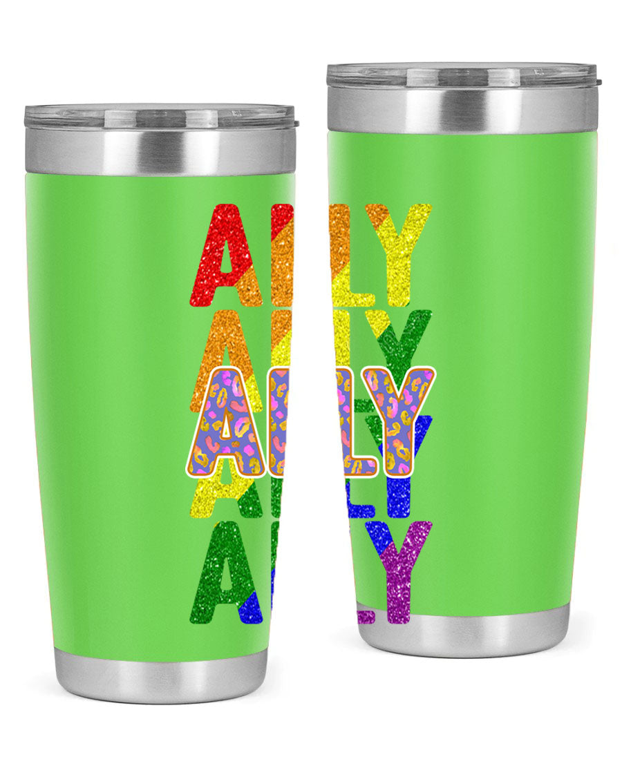 Ally LGBT Pride Rainbow Flag Tumbler showcasing vibrant colors and stainless steel design, perfect for hot and cold beverages.