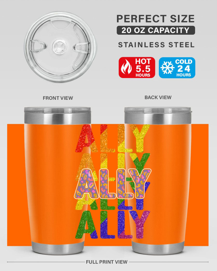 Ally LGBT Pride Rainbow Flag Tumbler showcasing vibrant colors and stainless steel design, perfect for hot and cold beverages.