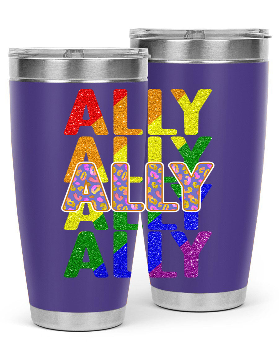 Ally LGBT Pride Rainbow Flag Tumbler showcasing vibrant colors and stainless steel design, perfect for hot and cold beverages.