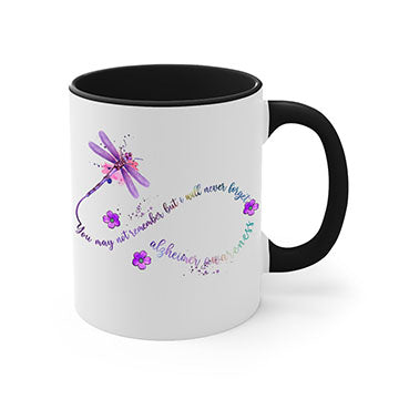 Alzheimer Awareness Dragonfly Remember Mug with colorful handle and glossy finish, available in multiple colors and sizes.