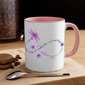 Alzheimer Awareness Dragonfly Remember Mug with colorful handle and glossy finish, available in multiple colors and sizes.