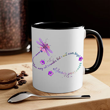 Alzheimer Awareness Dragonfly Remember Mug with colorful handle and glossy finish, available in multiple colors and sizes.