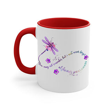 Alzheimer Awareness Dragonfly Remember Mug with colorful handle and glossy finish, available in multiple colors and sizes.