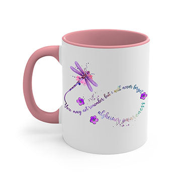 Alzheimer Awareness Dragonfly Remember Mug with colorful handle and glossy finish, available in multiple colors and sizes.