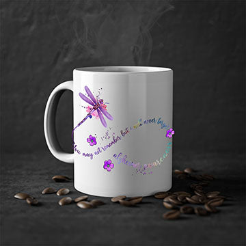 Alzheimer Awareness Dragonfly Remember Mug with colorful handle and glossy finish, available in multiple colors and sizes.