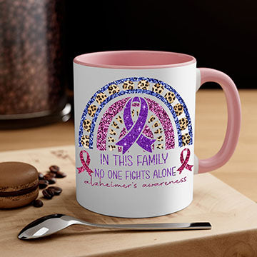 Alzheimer Awareness Purple Rainbow Mug with glossy finish and colorful handle, perfect for coffee or tea.