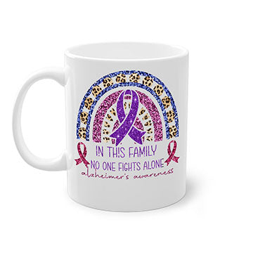 Alzheimer Awareness Purple Rainbow Mug with glossy finish and colorful handle, perfect for coffee or tea.