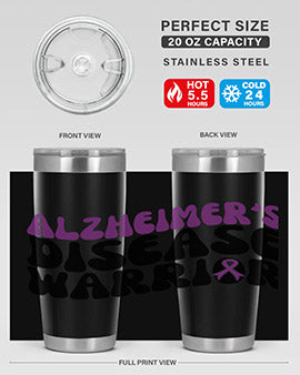Alzheimer's Disease Warrior Tumbler in stainless steel, featuring a vibrant design, double wall vacuum insulation, and a drink-thru lid.